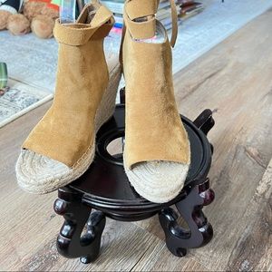 Loeffler Randall Tan Brown Suede Tie Back Espadrille Wedge Sandals Peep Toe Sz 7